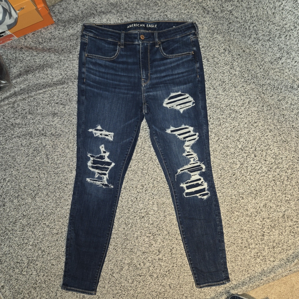 American Eagle Women's Distressed Dark Blue Jeans Skinny Jeggings, Size 12